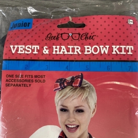 NWT Geek Chic Vest & Hair Bow Kit Juniors OS Halloween Costume Cosplay Nerd New - Picture 2 of 6